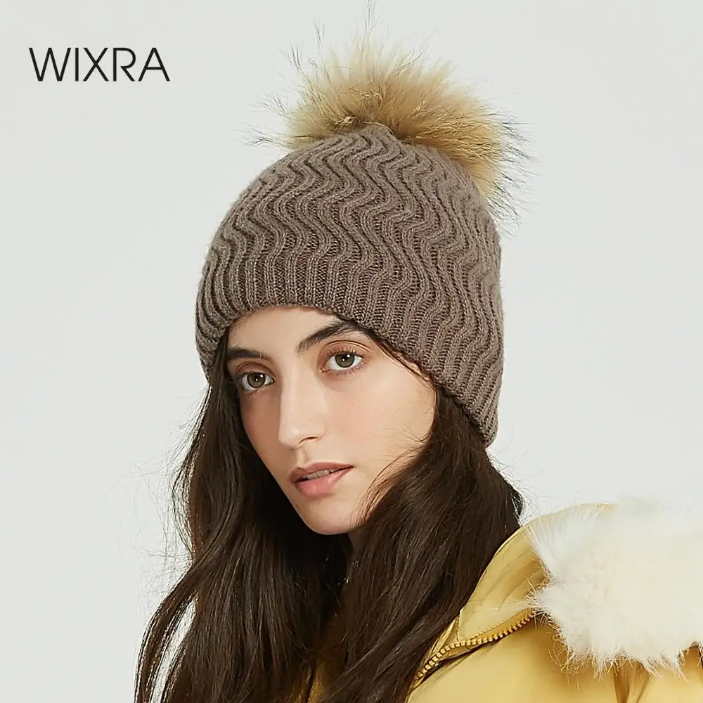 Женская шапка с помпоном из меха норки и лисы Стильная однотонная Вязаная Шапка