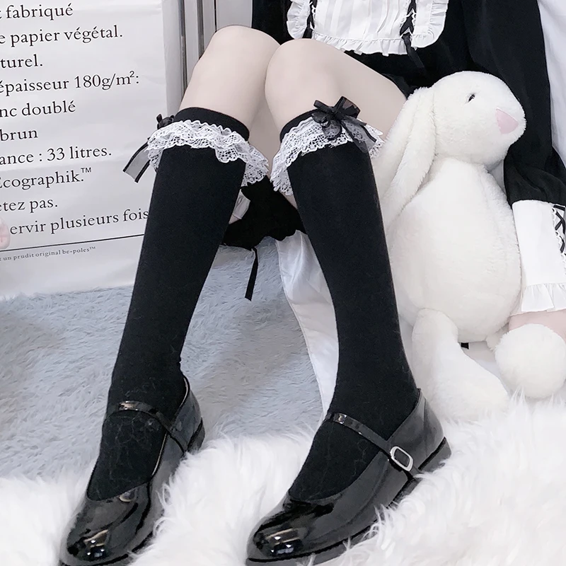 

Japanese Lolita Calf Socks Lace Princess Ribbon Lolita Socks Women Soft sister Bowknot Solid Color Sweet Mid Tube Socks Cosplay