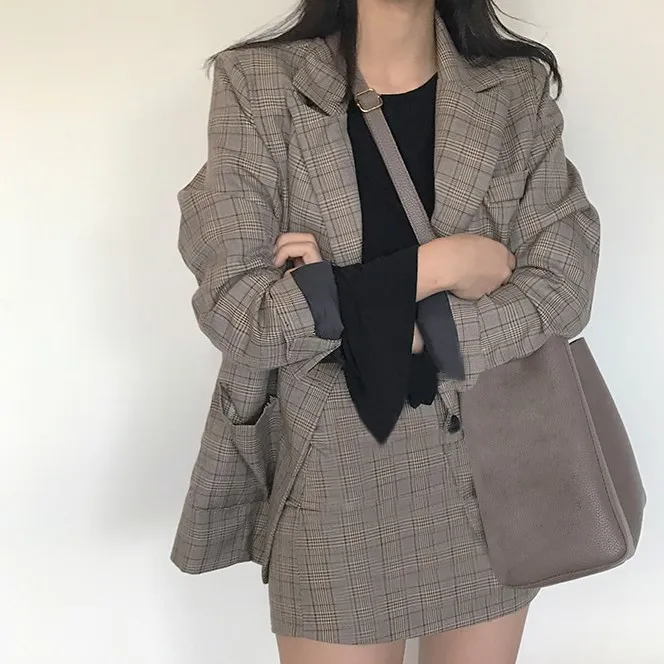 2019 осенний винтажный Блейзер пальто мини юбка клетчатый наряды Модный женский