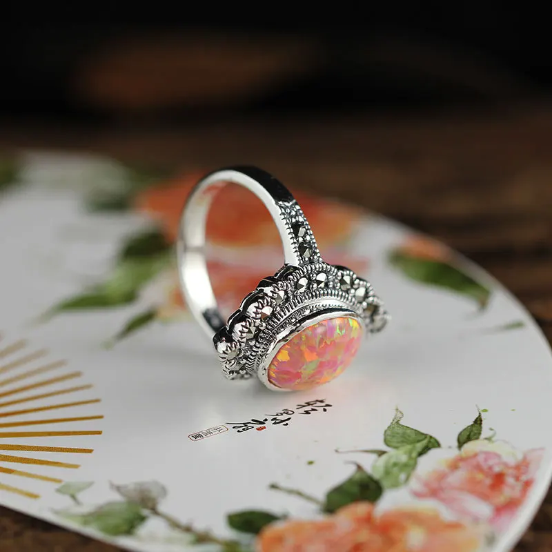 

S925 Sterling Silver Ornament Quaint Opal Ring