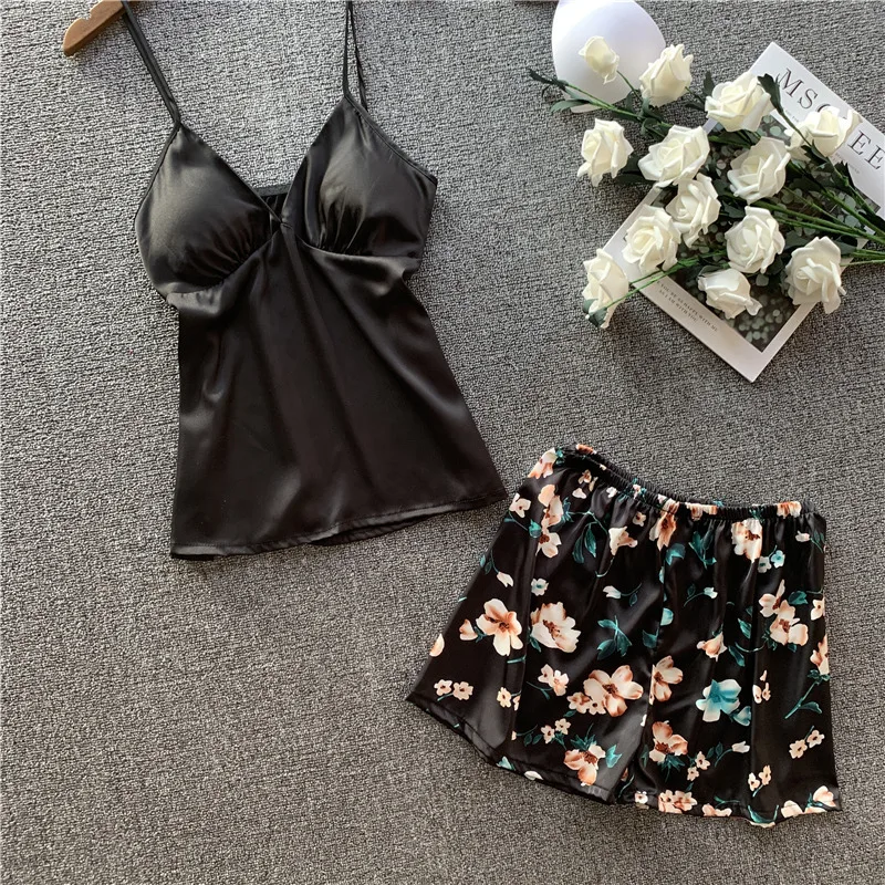 

2020 Summer Sexy Women Pajama Sets Sleepwear 4 Pieces Sleeveless Silk Rayon Top Strap&Shorts Robes NightGowns Sleep Lounge Set