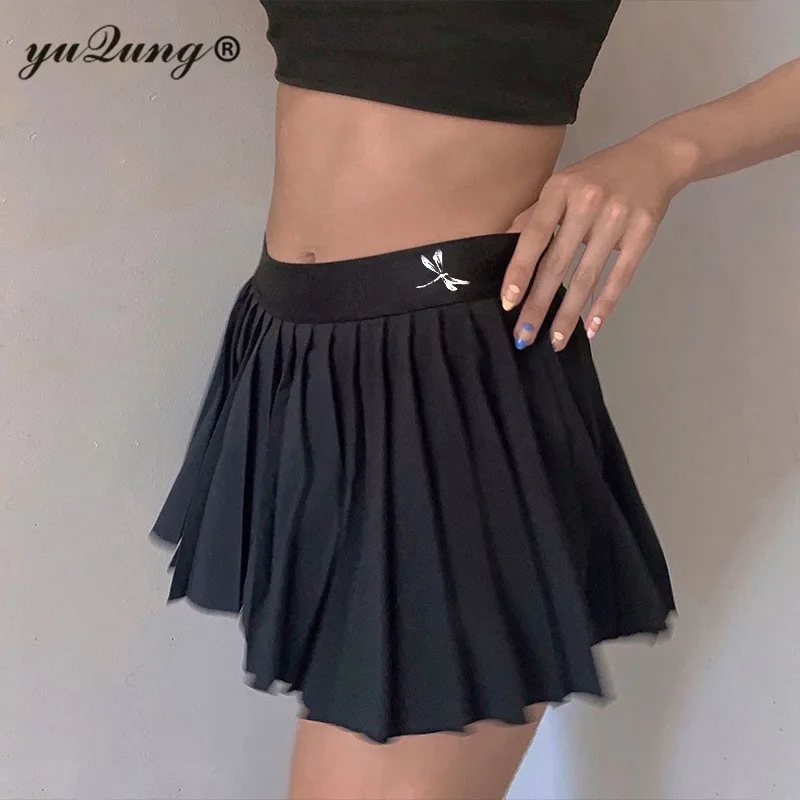 

yuqung High Waist Women short Skirt Casual Vintage students print girls dance Pleated A line Mini Skirts Lady black white
