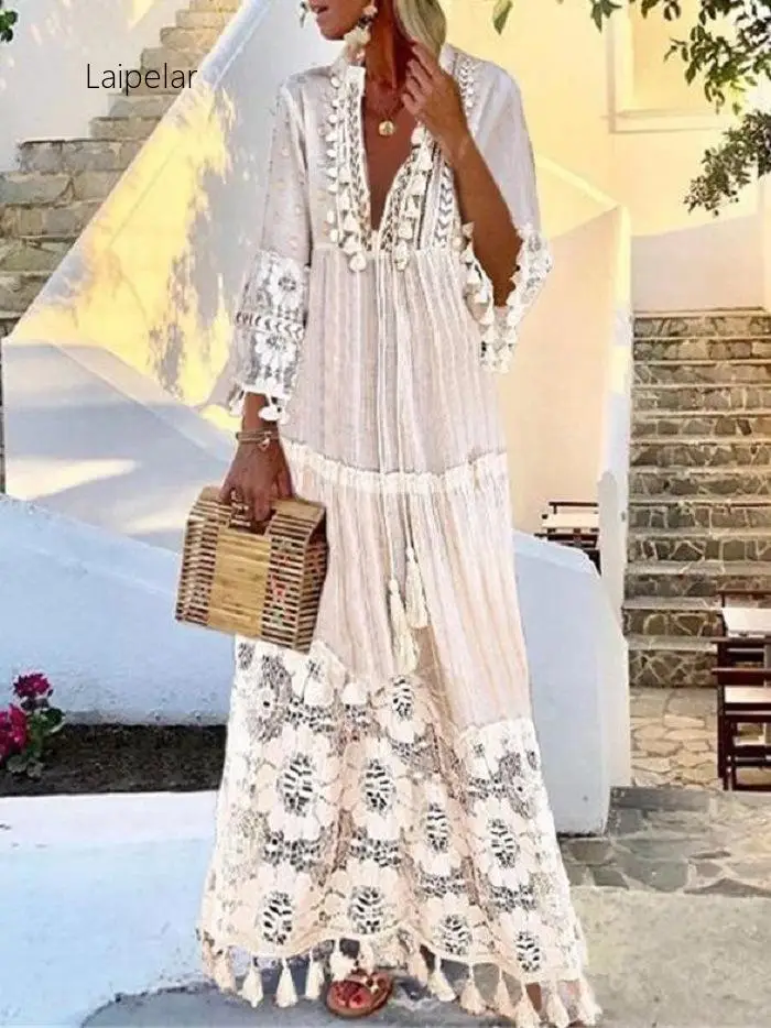

Laipelar Vintage Tassel Boho Dress Women Fall Solid Hollow Out V-Neck Lace Long Dresses Femme Beach Plus Size Sexy Dress