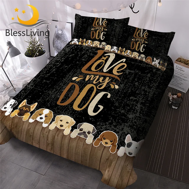 BlessLiving Love My Dog Duvet Covers Rustic Wood Pattern Bed Sets Cute Puppy Fence Home Textiles Kids Cartoon Bedding Set 3pcs 1