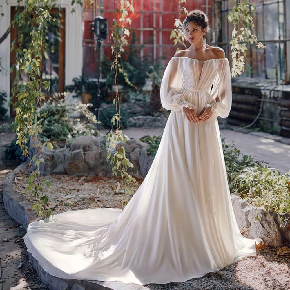 

A-Line Chiffon Wedding Dresses V-Neck Off The Shoulder Long Puff Sleeves Court Train Bridal Gowns 2021 Vestidos De Noivas