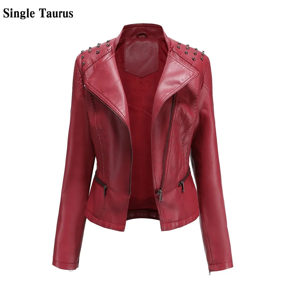 

Fall Winter Famale Leather Jackets Turn-down Collar Long Sleeve PU Coat Women Streetwear England Fashion Jacket Biker Rivet Coat