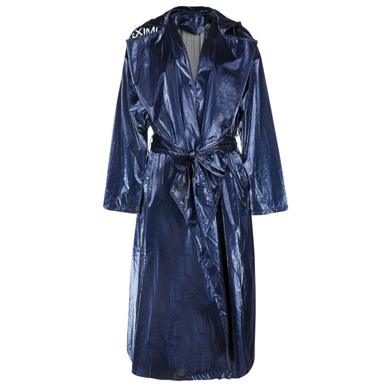 

Unua amo Spring Coat Women Long Hooded Overcoat 2021 Streetwear Fashion Hit Color Letter Print Sashes Blue Windbreaker Female