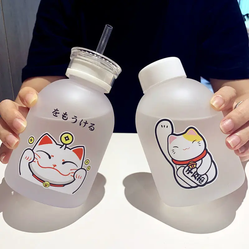 

500ml Lucky Cat Plastic Bottle BPA Free Cartoon Transparent/Frosted Water Bottles Leak-proof Drinkware Cute Student Cup