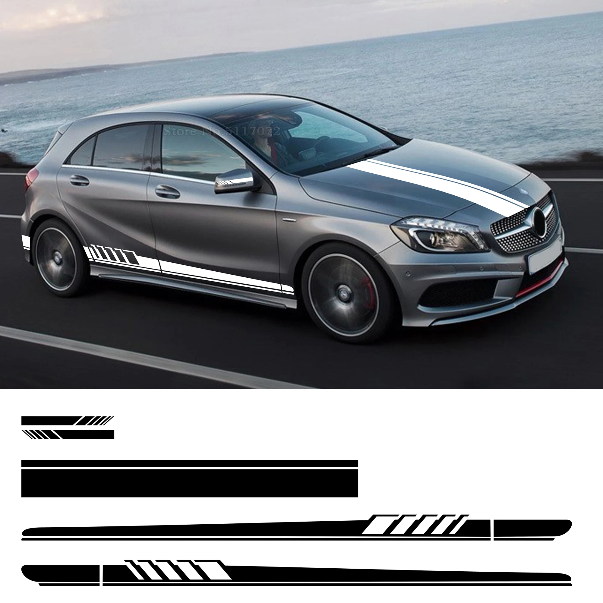 

5 Pcs Edition 1 Car Hood Decal Side Stripes Skirt Sticker For Mercedes Benz A Class W177 V177 A35 A45 A45S W176 AMG Accessories