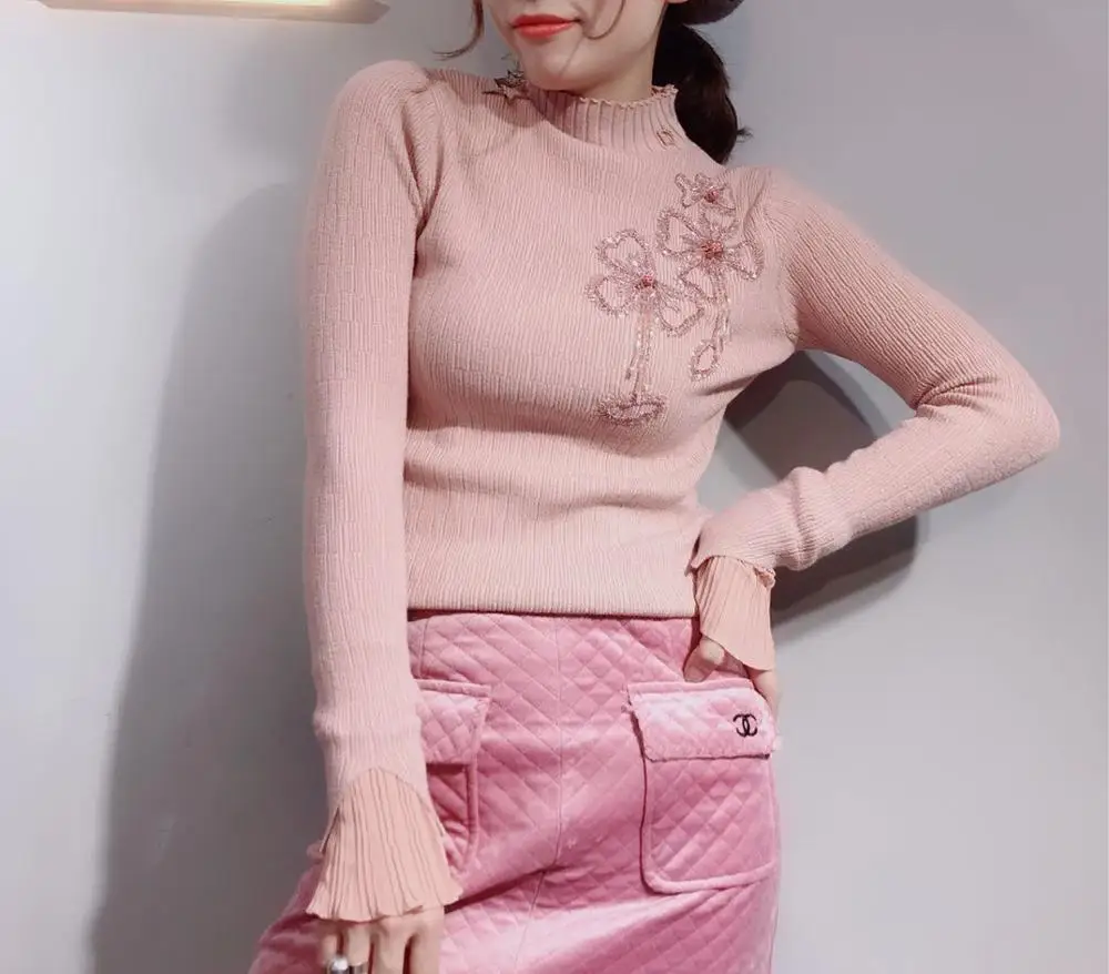 Luxury Diamond Beadings New Long Sleeve Stand Neck Women Sweaters Knitted Sweater tricotado Pullovers For Ladies Work Wear NS862 | Женская