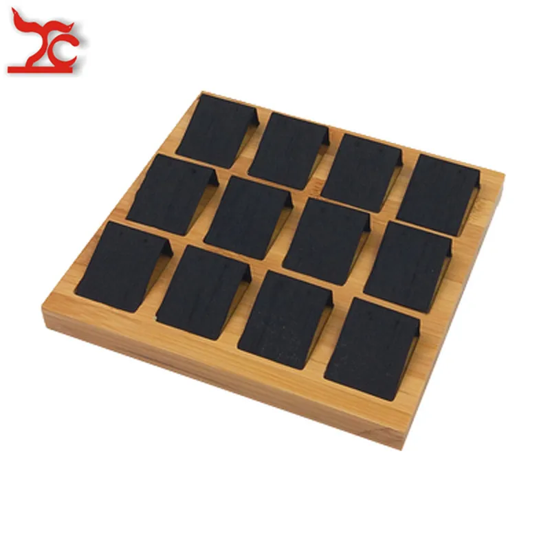 Dk grey 12 Slot Высокое качество Экологичные бамбуковые бархатные ювелирные изделия Дисплей стенд серьги уха Стад ювелирных изделий Организатор хранения стойки держатель лоток - Color: Dk grey 12 Slot