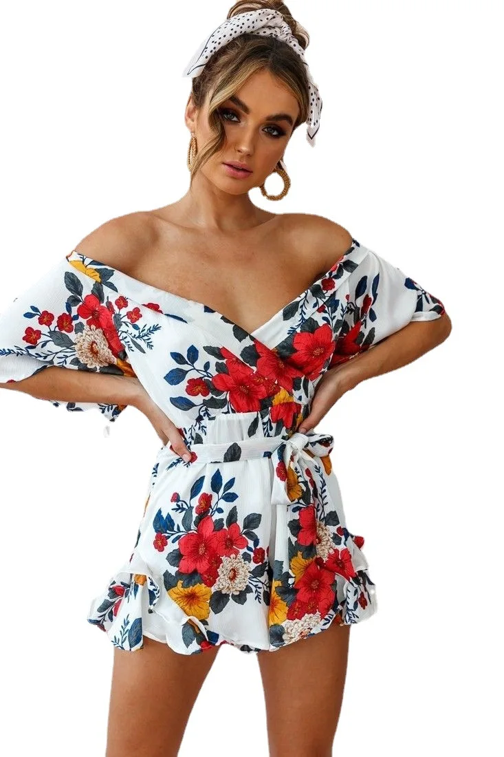 

New digital floral print dress sexy one-word collar ruffled jumpsuit casual summer shorts