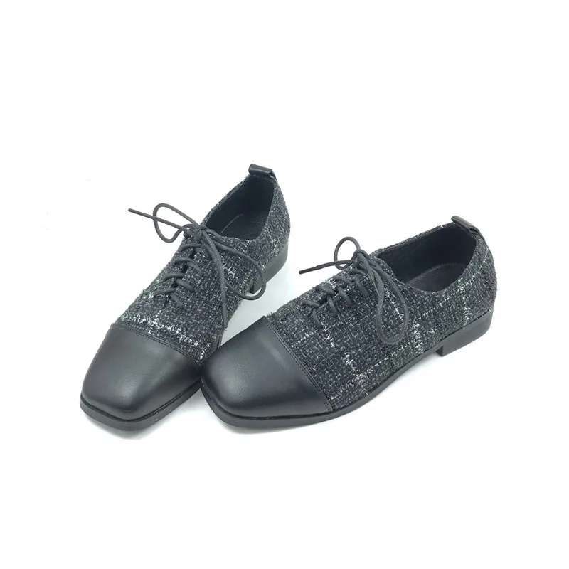 

Retro Woman Shoes Mixed Colors Knitting Flats Oxfords Square Toe Modis Casual Female Sneakers Ladies' Footwear Leather 2021