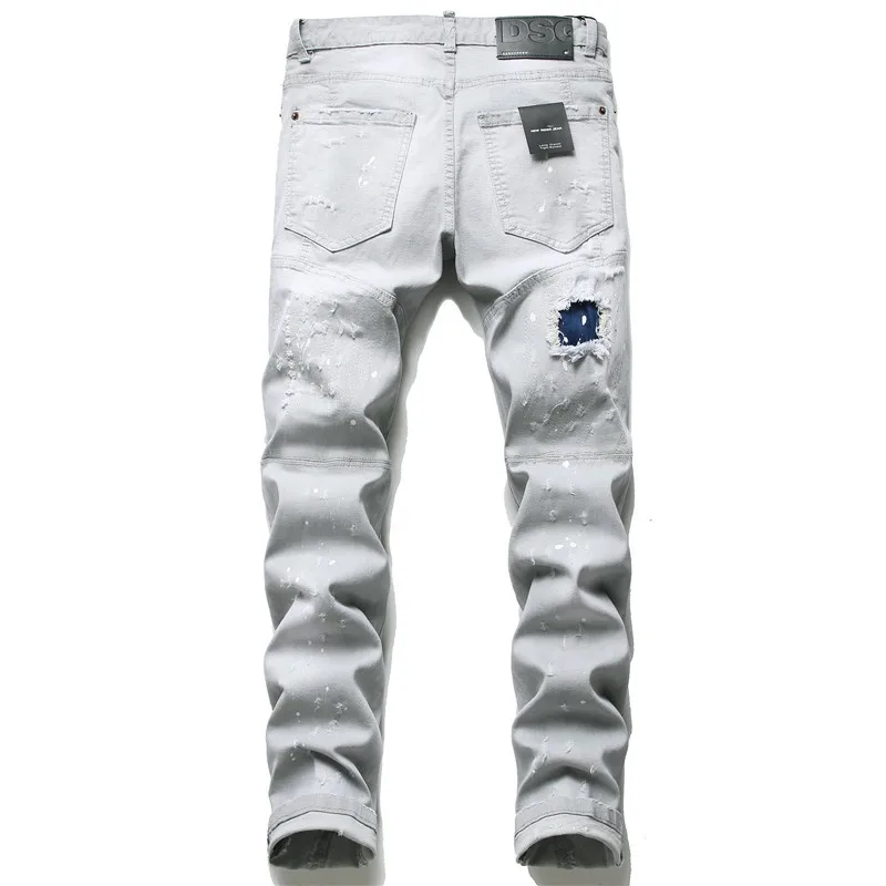 

ABOORUN 2021 Men's Fashion Painted Jeans Hi Street Broken Hole Denim Pants