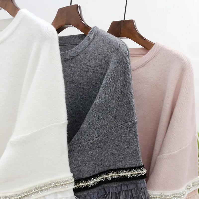 WHITNEY WANG Sweaters Autumn Winter Fashion Streetwear Feathers Patchwork Sweater Women Jumper sueter mujer invierno