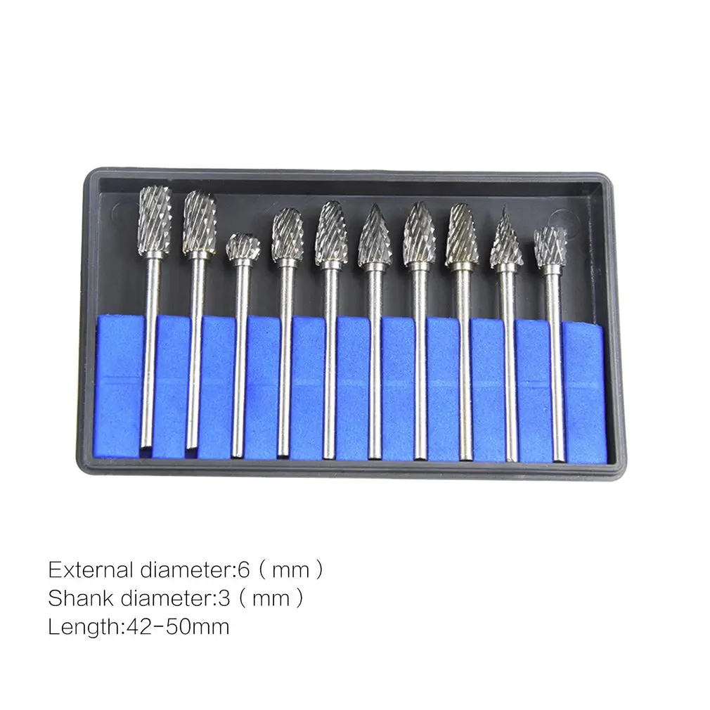 

10pcs/lot 6mm Shank Tungsten Steel Solid Carbide Rotary Files Rasp Diamond Burrs Set for Woodworking Drilling Carving Engraving