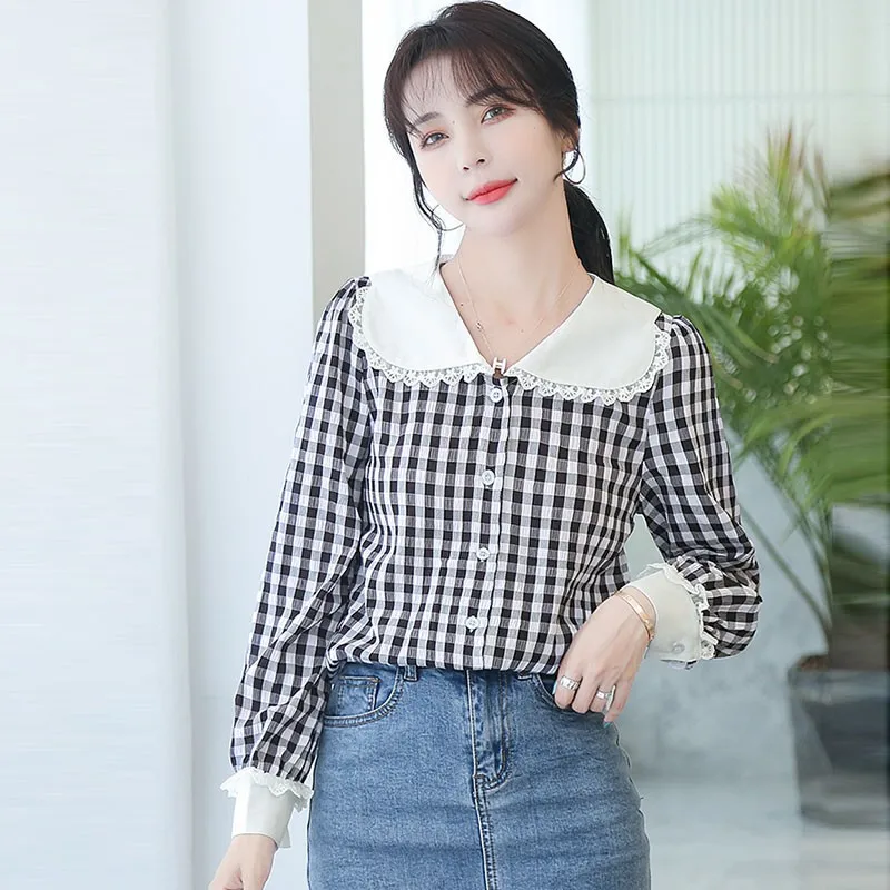 

Рубашка женская с длинным рукавом, кружевная, с круглым воротником, в Корейском стиле, весна 2021, W112