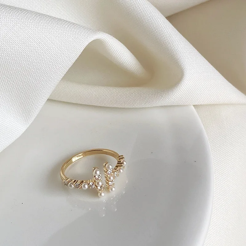 Vintage Simulated Pearl Zircon Geometric Rings Gold Metal Opening for Women Girls Wedding Party Vacation Jewelry Gifts | Украшения и