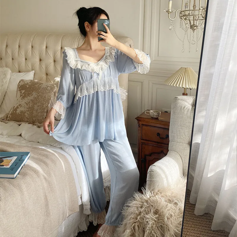 

2021 Women Korea Style Sweet Long Sleeves Sleepwear Princess Vintage Lace V-Neck Pajamas Pure Cotton Two-Pieces Pyjamas Homewear