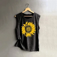 2021 casual women summer plus size vest o neck sleeveless sunflower print loose t shirt top for casual base daily t shirt