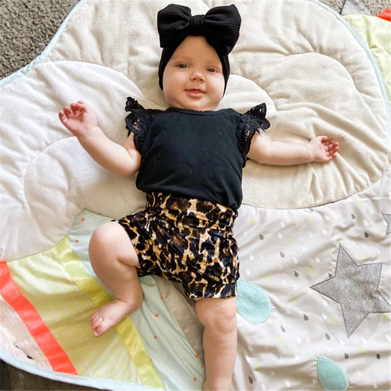 

2Pcs Summer Clothes Set Newborn Baby Girl Outfit Ruffled Lace Short Sleeve Black Solid Color Romper Top Leopard Printed Shorts