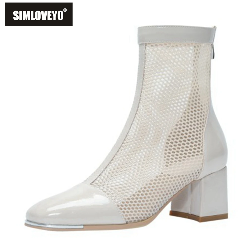 

SIMLOVEYO 2021 New Designer Brand Net Mesh Summer Autumn Ankle Boots Lady Pointed Toe Patchwork Square Heel Black White S2425