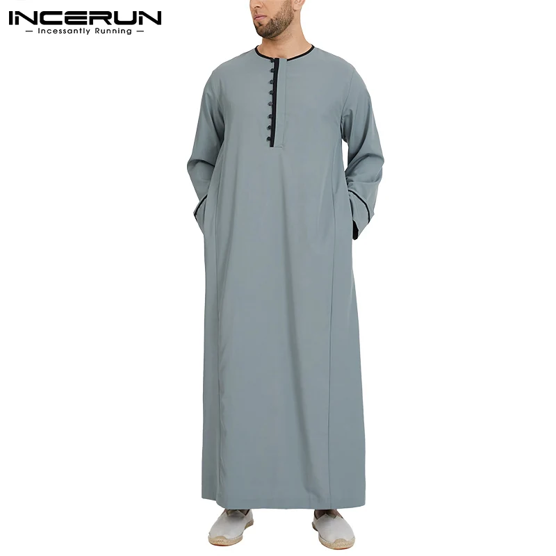 

Men Muslim Jubba Thobe Patchwork 2022 Long Sleeve Casual Robes Middle East Dubai Caftan Islamic Arabic Kaftan Men INCERUN S-5XL