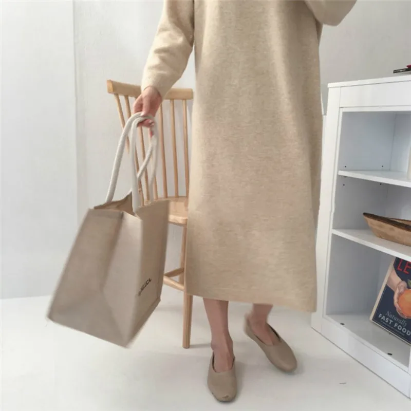 

Women's Knitted Dress Spring Casual Blue Woman Clothing Long Sleeve V-neck Loose Velvet Dresses Lady Elegant Midi Autumn Dress