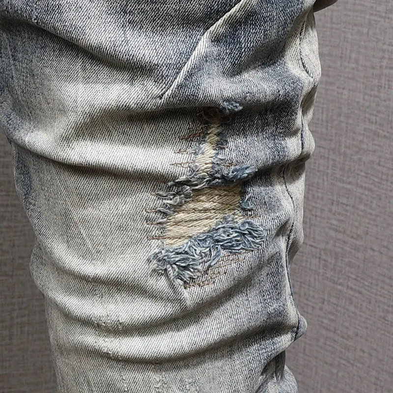 European American Vintage Fashion Men Jeans Retro Wash Elastic Cotton Slim Fit Ripped Jeans Men Distressed Designer Denim Pants