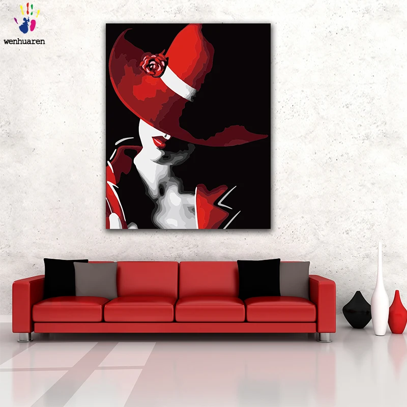 DIY картинки для раскраски по номерам с красными цветами красивая девушка в шляпе