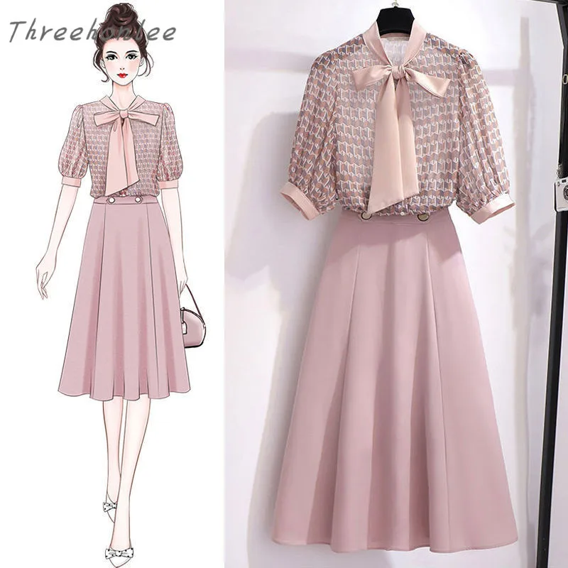 Женский комплект из двух предметов шифоновый топ с принтом и юбка высокой талией