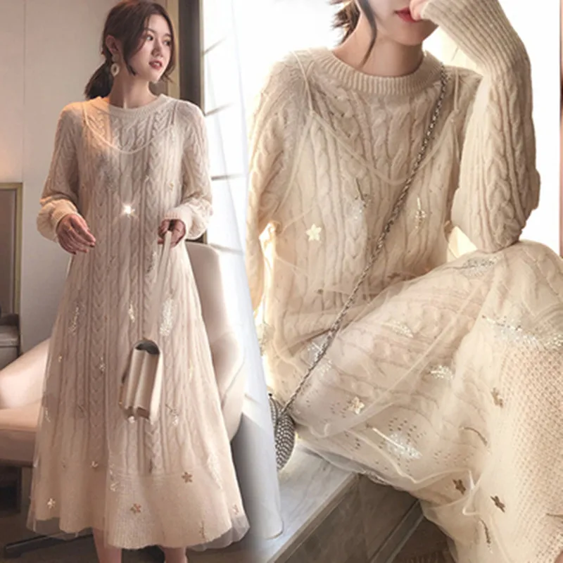 

Luxuriy Hepburn Women Knitted Dress O Neck Long Sleeves Elastic Knit Dress Elegant Autumn Over The Knee Long Sweater A-line Dres
