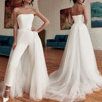 strapless party jumpsuit wedding dresses with detachable train 2021 a line backless simple bridal gown pants tulle custom made