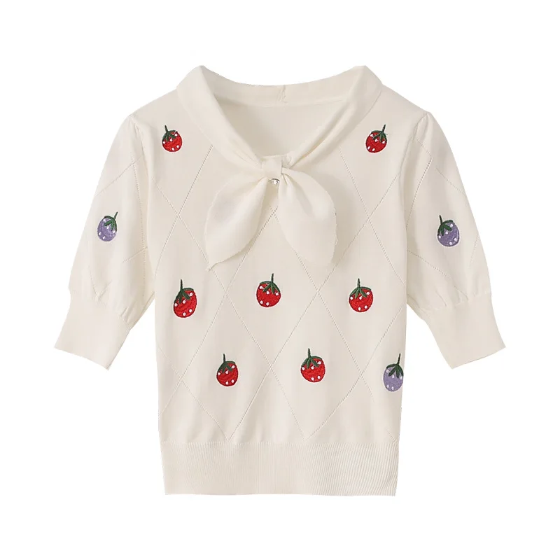 

SAYTHEN 2021 Spring And Summer New Bowknot Strawberry Embroidery Pullover Age Reduction Women's Thin Short-Sleeved T-Shirt Top