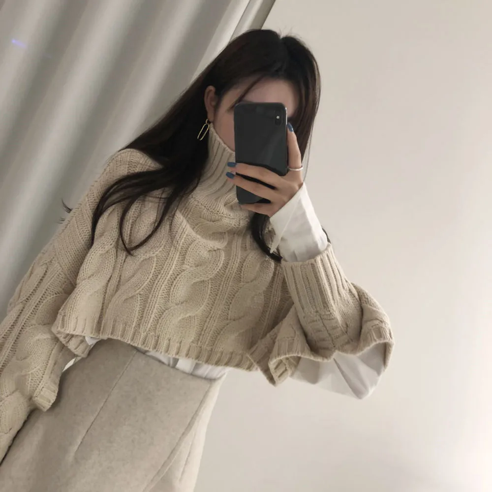 WHITNEY WANG 2019 Autumn Winter Fashion Streetwear Split Sleeve Turtleneck Short Sweater Women Jumper sueter mujer invierno | Женская