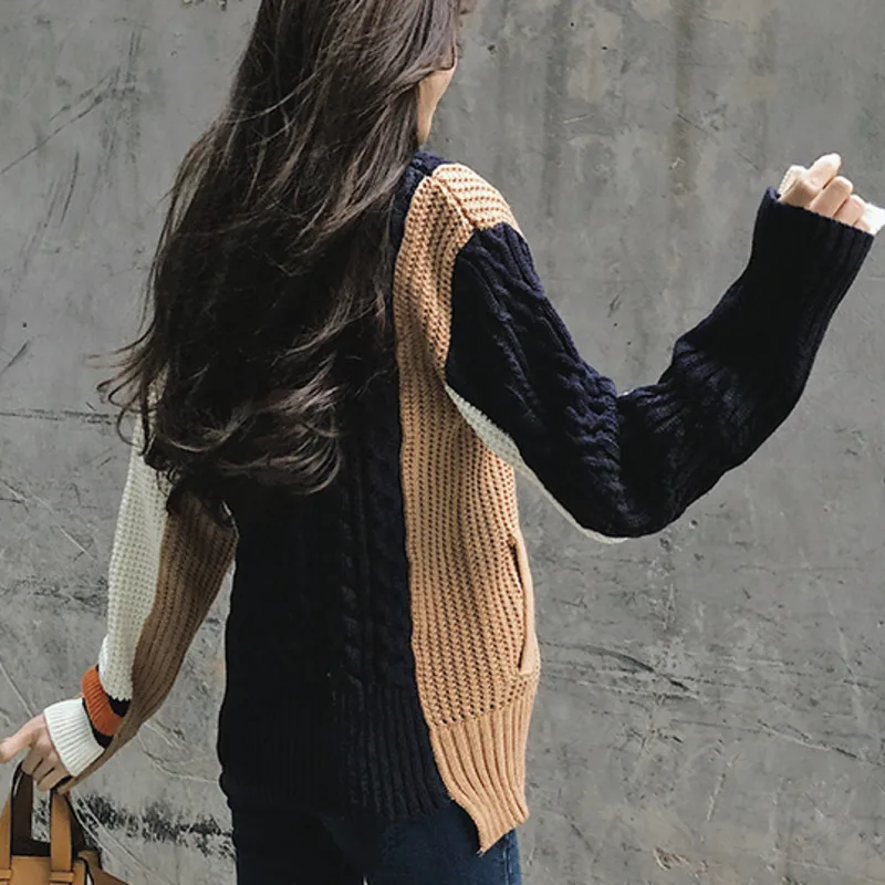 LANMREM Contrast Color Stitching Round Neck Long Sleeve Zipper Irregular Woman Sweater Casual Fashion 2020 Spring New TV296 | Женская