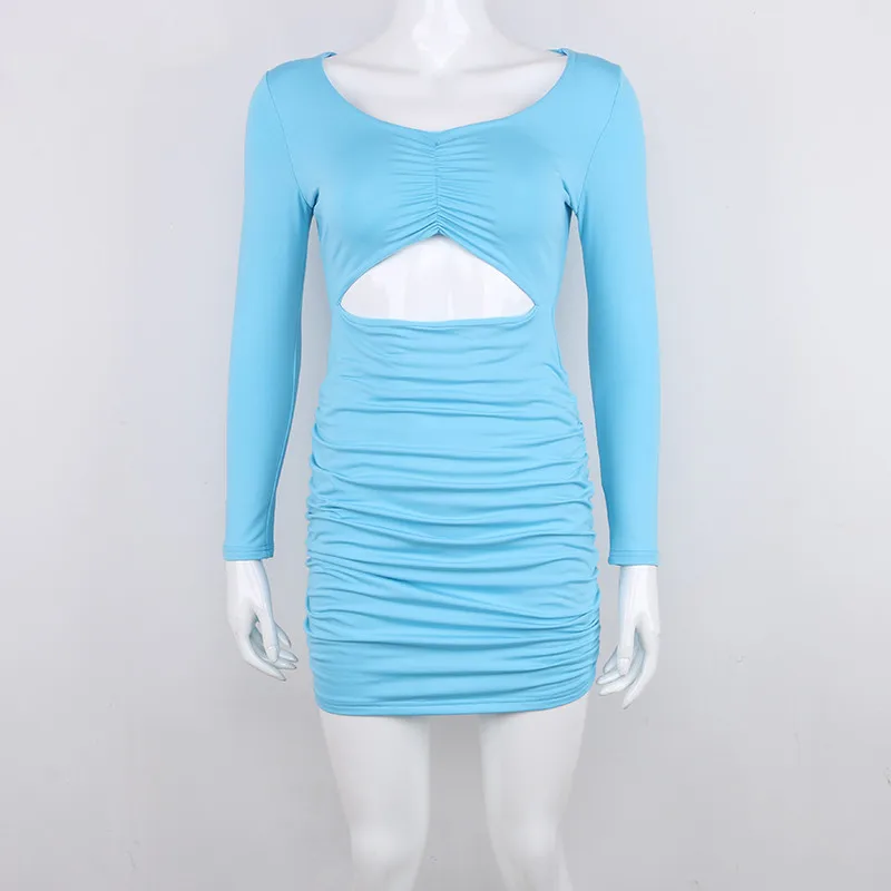 

OneLineFox Stretchy Ruched Bodycon Autumn Winter Dresses Women Long Sleeve Hollow Out Club Party Wrap Mini Dress White
