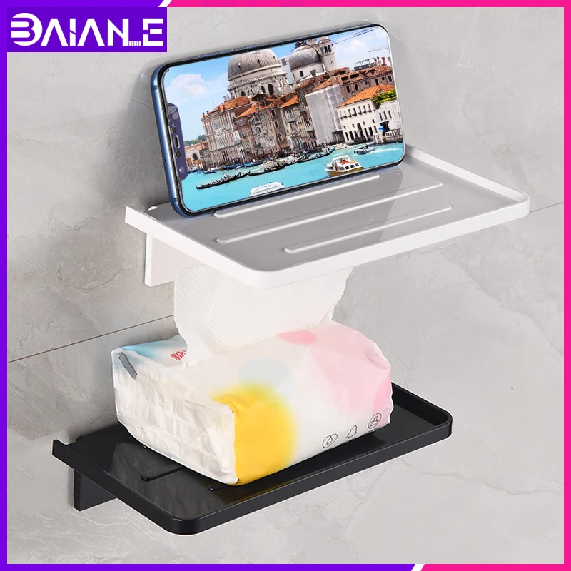 

Bathroom Shelf Corner Mobile Phone Charing Holder Black Paper Holder Wall Mounted Nail Free Plastic Shelves Shower Storage Rack
