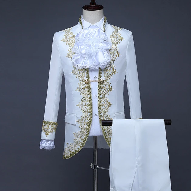 

2021 White Groom Wedding Suit Retro European Drama Performance Costume Slim Fit Men Prom Party Gold Trim Jacket Pants 2 Pieces