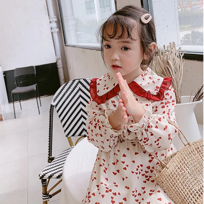 Осеннее платье для девочек Повседневное с длинными рукавами и принтом сердца