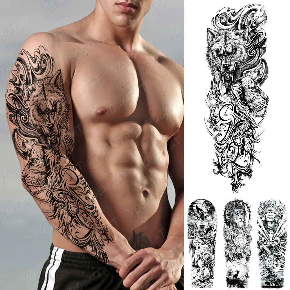 

Full Arm Tatto Waterproof Temporary Tattoo Sticker Wolf Lion Deer Animal Angel Transfer Tatoo Man Body Art Flash Fake Tato Woman