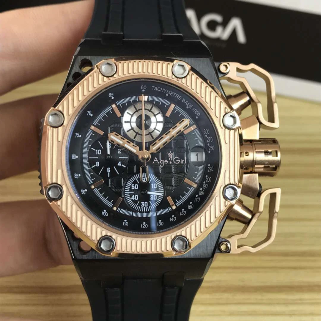 Gold Bezel Роскошные брендовые новые мужские часы СЕКУНДОМЕР САПФИР из нержавеющей стали 904L хронограф часы розовое золото черный резиновый спорт 45 мм AAA - Цвет: Gold Bezel