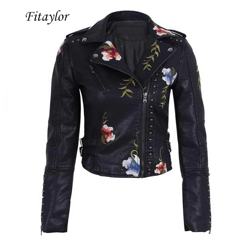 

Куртка женская из искусственной кожи, с цветочным принтом и вышивкой