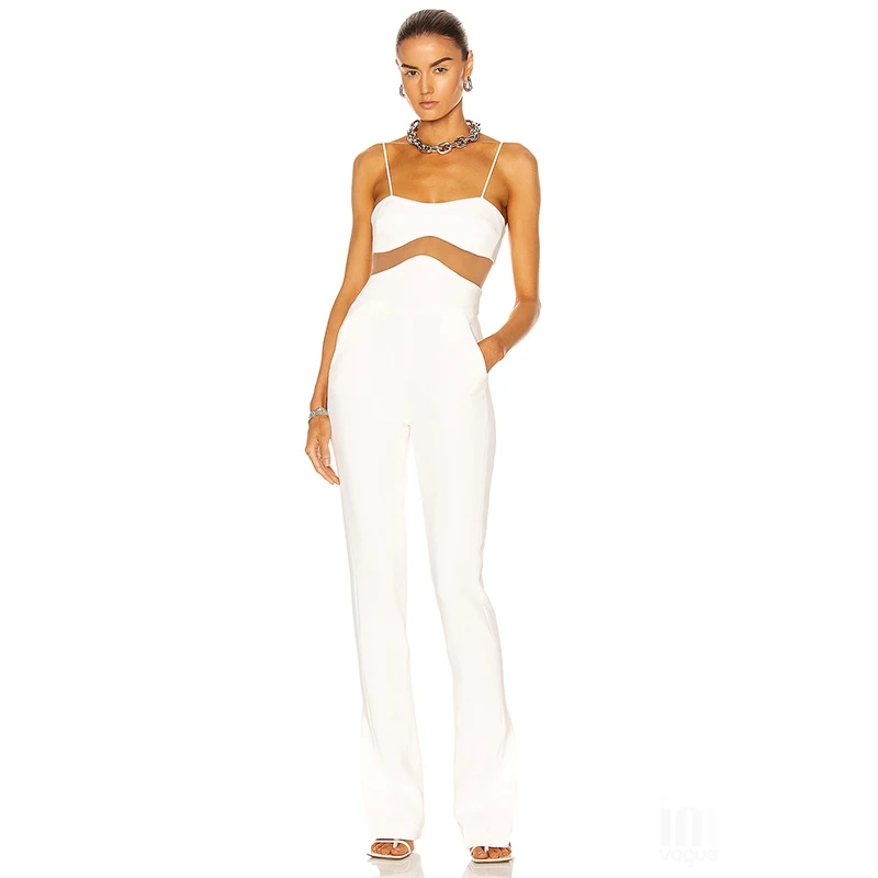 

Sesidy 2021 New Summer Women Mesh Patchwork Bandage Jumpsuits Sexy Sleeveless Long Pants Evening Club Party Rompers Jumpsuits