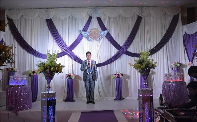 

10ft x 20ft ice silk White backdrop with purple swags Wedding Backdrop stage curtain