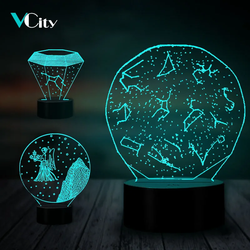 VCity двенадцать созвездий 3D светодиодный лампа ночник Дева голограмма Иллюзия