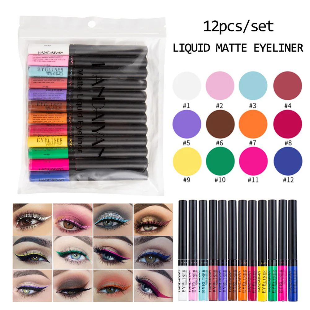 

12pcs/sets Colord Eyeliner Color Handaiyan Delineadores De Ojos Glitter Color WHITE Liquid Eyeliner Waterproof Sweat Resistant