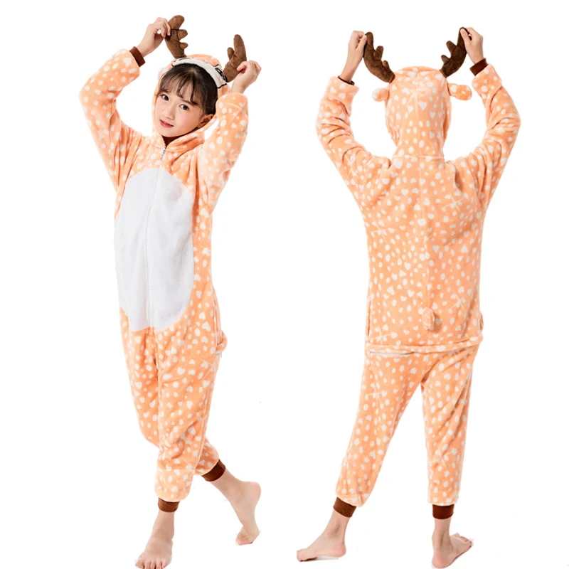 Deer Kigurumi/Детские пижамы для мальчиков и девочек; пижамы с единорогом; фланелевые детские пижамы; костюм для сна с животными; зимние комбинезоны с котом - Цвет: Deer