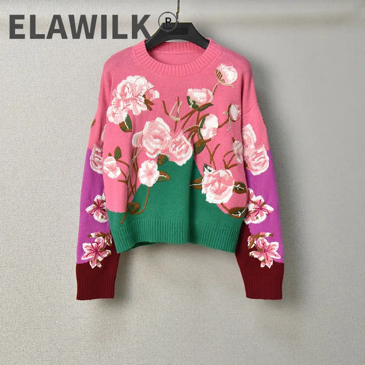 

Autumn Fashion Women's Floral embroidery loose sweaters High Quality Wool pullovers Top B543
