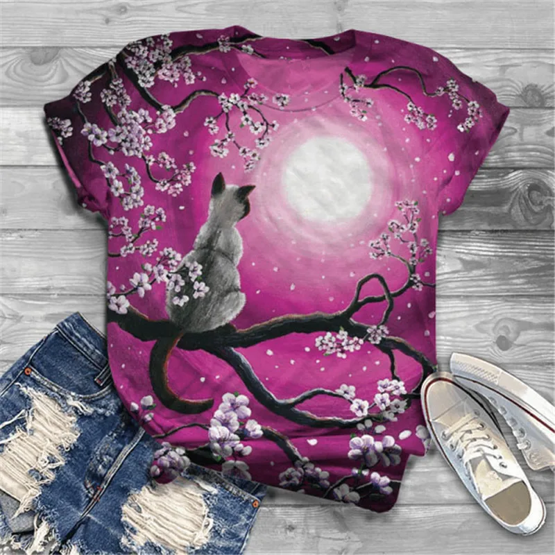 

Short Sleeve T-Shirts Cute Loose Camisetas De Mujer y2k Harajuku T Shirt Women Overs Large size Cat Image Women's Fashion 2021
